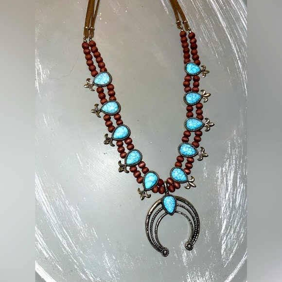 Faux Turquoise Squash Blossom Necklace - Picture 3 of 7